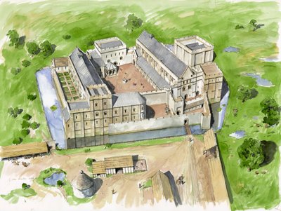 Ilmakuva etelästä, Wolveseyn linna, vanha piispanpalatsi, c1170, c2000-luku. tekijältä Liam Wales