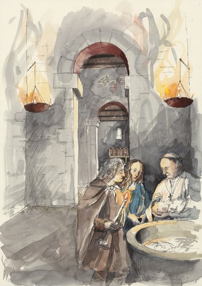 Kaste Pyhän Pietarin kirkossa, Barton-upon-Humber, Lincolnshire (akvarelli paperille). tekijältä Liam Wales