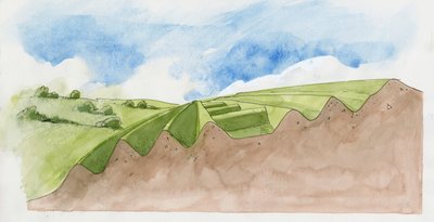 Vanhan Oswestryn poikkileikkaus (vesiväri paperille) tekijältä Liam Wales