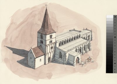 Pietarinkirkon rekonstruktiopiirros 1400-luvulta (vesiväri paperille). tekijältä Liam Wales