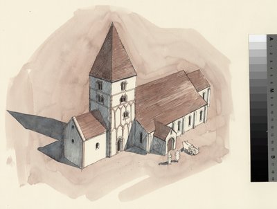 Normanniajan Pietarinkirkon rekonstruktiopiirustus (vesiväri paperille). tekijältä Liam Wales