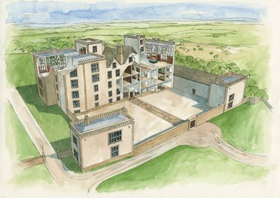 Hardwick Old Hallin rekonstruktio vuonna 1620 (vesiväri paperille) tekijältä Liam Wales