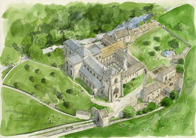 Shap Abbeyn rekonstruktio 1530-luvulla (vesiväri paperille) tekijältä Liam Wales