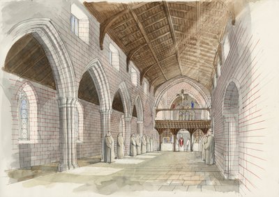 Shap Abbeyn luostarikirkon keskilaivan rekonstruktio noin 1530 (vesiväri paperille). tekijältä Liam Wales