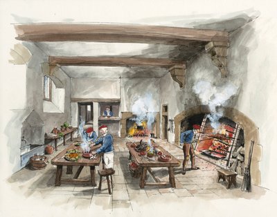 Hardwick Old Hallin keittiön rekonstruktio vuonna 1601 (vesiväri paperille). tekijältä Liam Wales