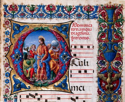 Piccolomini-kirjasto: kuorokirja, turska. 21.6, jj. 2r, jossa on Liberale da Verona (noin 1445 - 1527/9) "Saastaisen hengen karkottaminen". Yksityiskohta. tekijältä Liberale da Verona