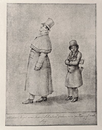 Itävalta, Wien, Karikatyyri itävaltalaisesta baritonilaulaja Johann Michael Voglista ja säveltäjä Franz Peter Schubertista, noin 1825, lyijykynäpiirros tekijältä Unbekannt Unbekannt