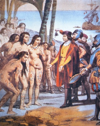 Kristoffer Kolumbus laskeutuu uuteen maailmaan vuonna 1492, ja häntä tervehtivät taino-intiaanit (väri litho) tekijältä Unbekannt Unbekannt
