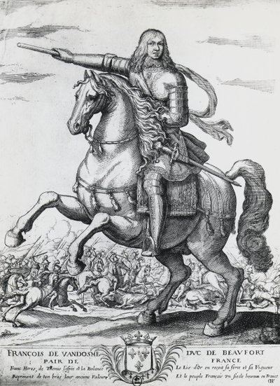Ratsastusmuotokuva Francis Bourbon-Vendomesta (1616-1669), Beaufortin toisesta herttuasta ja ranskalaisesta kenraalista, Nicolas de La Fagen (1600?-1655) kaiverrus tekijältä Unbekannt Unbekannt