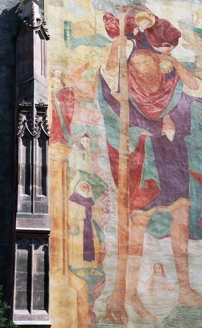 Pyhän Kristoferin fresko, eteläinen ulkojulkisivu, Pyhän Nikolauksen seurakuntakirkko, Merano, Bolzano, Trentino-Alto Adige, Italia tekijältä Unbekannt Unbekannt