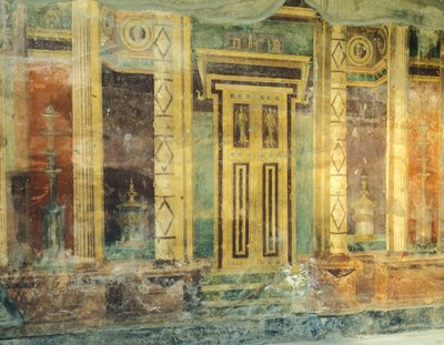 Italia, Campania, Oplonti, Torre Annunziatan arkeologinen alue, roomalainen Villa Poppaea, suuri sali, fresko pylväillä toisessa pompeilaisessa tyylissä tekijältä Unbekannt Unbekannt