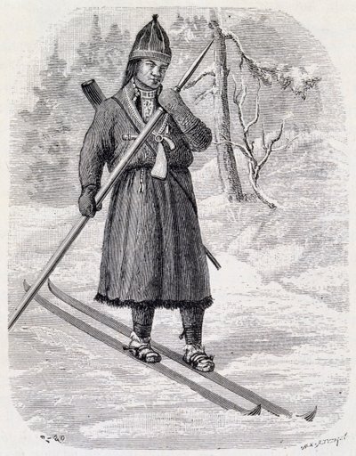 Lars Tuorda, lappilainen urheilija voitti Adolf Erick Nordenskjoldin vuonna 1884 järjestämän murtomaahiihtokilpailun, intialainen mustepiirustus tekijältä Unbekannt Unbekannt