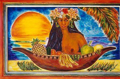 Maalattu lasi polynesialaista naista, Moorean saari, Seurasaaret, Ranskan Polynesia (Ranskan tasavallan merentakainen alue), yksityiskohta tekijältä Unbekannt Unbekannt