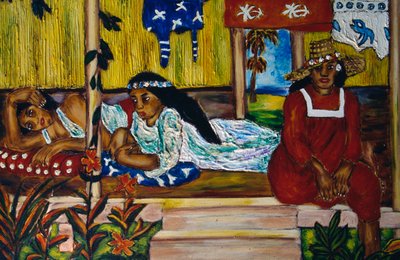 Polynesialaiset naiset, lasimaalaus, Moorea Island, Society Islands, Ranskan Polynesia, Ranskan tasavallan merentakainen alue tekijältä Unbekannt Unbekannt