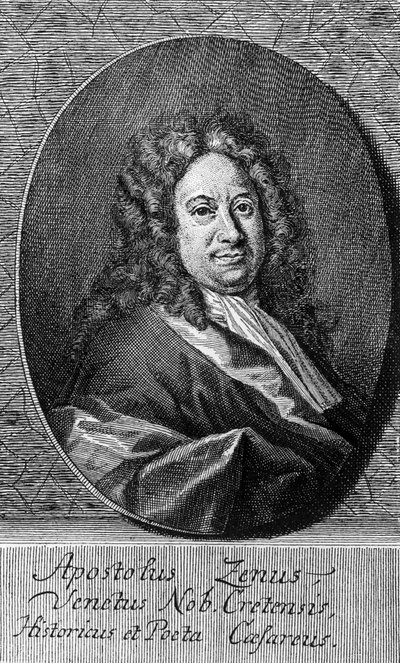 Apostolo Zenon (noin 1668-1750), italialaisen runoilijan, libretistin, toimittajan ja kirjemiehen muotokuva, kaiverrus tekijältä Unbekannt Unbekannt