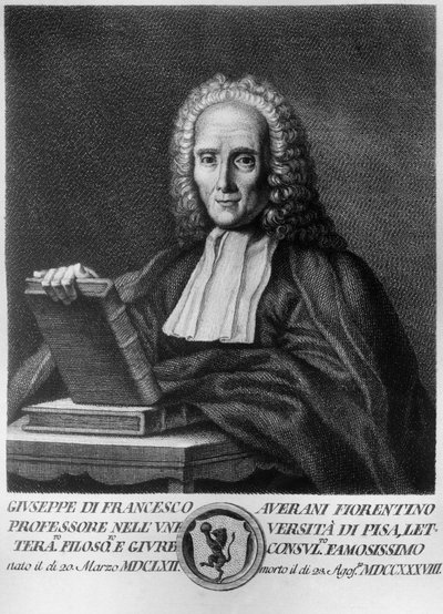 Muotokuva Giuseppe Averanista, joka tunnetaan nimellä Averanus (1662-1738), italialainen juristi ja luonnontieteilijä, etsaus maineikkaiden toscanalaisten miesten muotokuvien sarjasta, julkaisija Allegrini tekijältä Unbekannt Unbekannt
