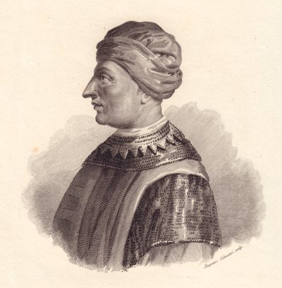 Italian sotilasjohtajan Can Francesco della Scalan muotokuva, joka tunnetaan myös nimellä Cangrande I (1291-1329), Eugenio Silvestrin kuparikaiverrus tekijältä Unbekannt Unbekannt