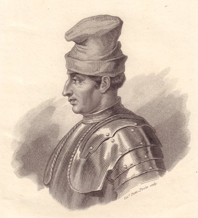 Italian sotilasjohtajan Niccolo Fortebraccion muotokuva, joka tunnetaan myös nimellä della Stella (1389-1435), Caterina Piotti-Pirolan kuparikaiverrus tekijältä Unbekannt Unbekannt