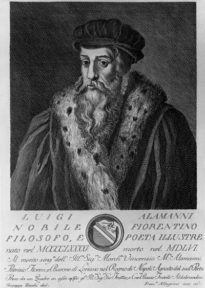 Luigi Alamannin (1495-1556), italialaisen runoilijan muotokuva, Francesco Allegrinin (1729-1773 jälkeen) kaiverrus Giuseppe Zocchin (s. 1711 tai 1717, kuollut 1767) piirtämänä tekijältä Unbekannt Unbekannt