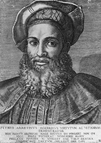 Pietro Aretinon (1492-1556), italialaisen runoilijan, kirjailijan ja näytelmäkirjailijan muotokuva, Marcantonio Raimondin (s. n. 1470-1482, kuollut 1527-1534) kaiverrus, 22 3x15 4 cm tekijältä Unbekannt Unbekannt
