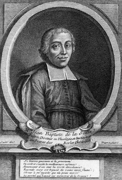 Pyhän Johannes Baptist de La Sallen (1651-1719), ranskalaisen papin, koulutuksen uudistajan ja kristillisten koulujen veljesten instituutin perustajan muotokuva, kaiverrus tekijältä Unbekannt Unbekannt