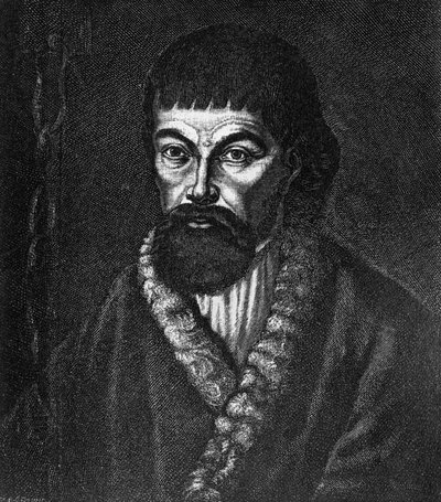 Muotokuva Jemeljan Ivanovitš Pugatšovista (n. 1742-1775), Venäjän suuren kasakka- ja talonpoikaiskapinan johtajasta 1773-1774, kaiverrus öljymaalauksen jälkeen tekijältä Unbekannt Unbekannt