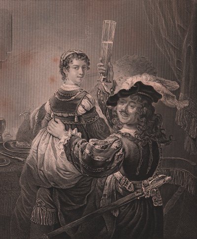 Rembrandt vaimonsa Saskian kanssa kaivertaa H Paynen Rembrandtin maalauksesta, Paynen kuninkaallisesta Dresdenin galleriasta, Albert Henry Paynen, H Payne Dresdenin ja Leipzigin kustantaja, noin 1840 tekijältä Unbekannt Unbekannt