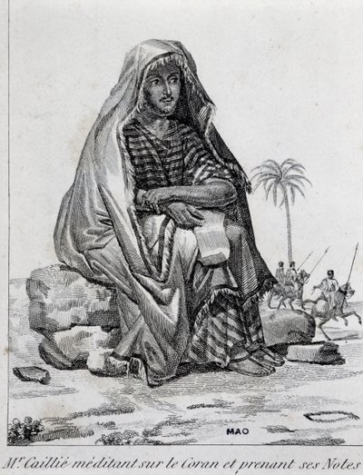 Rene Caillie (1799-1838), arabiapukuinen tutkimusmatkailija, joka mietiskelee Koraania tekijältä Unbekannt Unbekannt