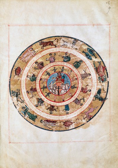 Aurinkovaunut ja horoskooppimerkit, pienoiskuva varhaiskeskiajan käsikirjoituksesta, Ptolemaioksen (n. 100-175) tähtitieteellinen taulukko, hellenistinen sivilisaatio tekijältä Unbekannt Unbekannt