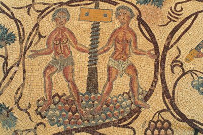 Premsa de vi, detall de mosaic de terra amb escenes de la vida quotidiana, Església dels Sants Lot i Procopi, Nebo, Khirbet al-Mukhayyat, Jordània, civilització bizantina, segle VI dC tekijältä Unbekannt Unbekannt