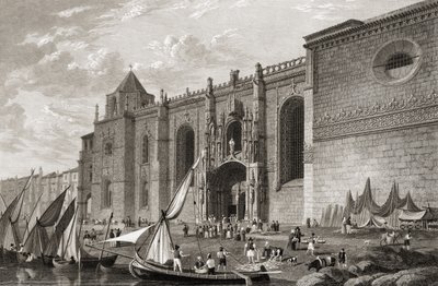 Mosteiro dos Jeronimos Belem, Lissabon, teoksesta Select Views of the Principal Cities of Europe, kaiverrettu J H Le Keux, julkaistu Lontoossa, 1832 tekijältä Lieutenant Colonel Batty