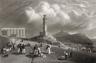 Nelsonin muistomerkki, Calton Hill, Edinburgh, teoksesta "Select Views of the Principal Cities of Europe", kaiverrettu Kernot, julkaistu Lontoossa 1832. tekijältä Lieutenant Colonel Batty