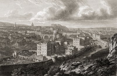 Näkymä Calton Hilliltä Edinburghista George Cooken kaivertamasta teoksesta Select Views of the Principal Cities of Europe, julkaistu Lontoossa, 1832 tekijältä Lieutenant Colonel Batty
