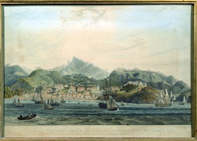 Näkymä St. Georgen kaupungista ja Richmond Heightsista Grenadan saarella, kaiverrettu William Daniell 1769-1837, n.1810 kaiverrus. tekijältä Lieutenant Colonel J. Wilson