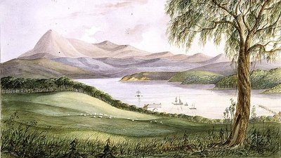 Twofold Bay, Uusi Etelä-Wales, n.1860 (akvarelli). tekijältä Lieutenant George Austin Woods
