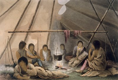 Cree-intiaanien teltan sisätiloja, 1824 tekijältä Lieutenant Hood