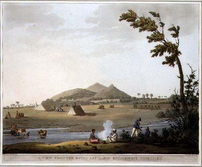 Näkymä kuninkaalliselta tykistöleiriltä, Conditore, levy 37 julkaisusta "Picturesque Scenery in the Kingdom of Mysore", kaivertanut Harraden, pubi. kirjoittanut Edward Orme (1774-n. 1820) 1804 (akvatinta) tekijältä Lieutenant James (after) Hunter