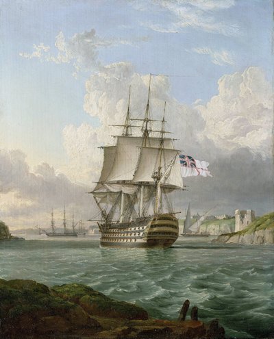 HMS "Britannia", 120-tykkinen alus, joka on rakennettu vuonna 1820, lähdössä satamasta Välimerellä, luultavasti Maltan satamasta. tekijältä Lieutenant Robert Strickland Thomas