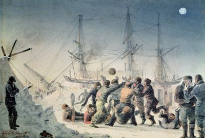 Tapahtumat kauppamatkalla: Miehet pelaamassa jalkapalloa HMS "Terror" -aluksella, 1836 tekijältä Lieutenant Smyth