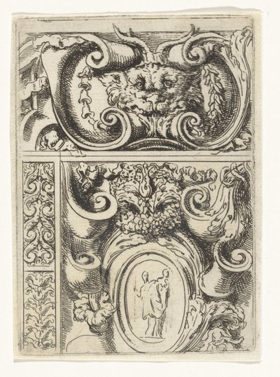 Cartouche jossa eläimen pää ja alla cartouche jossa Madonna ja lapsi Divertimenti di Livio Meus (sarjan nimi) tekijältä Lieven Mehus