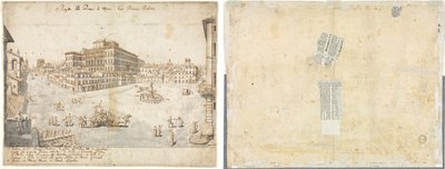 Kahdeksantoista näkymää Roomaan: Piazza Barberini (recto); Suihkulähteen jäljitys rektosta ja luonnokset kahdesta kasvosta (käänteinen) tekijältä Lievin Cruyl
