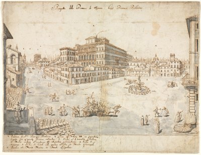 Kahdeksantoista näkymää Roomaan: Piazza Barberini recto..., 1665. tekijältä Lievin Cruyl