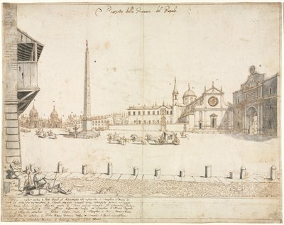 Kahdeksantoista näkymää Roomaan: Piazza del Popolo (recto) tekijältä Lievin Cruyl