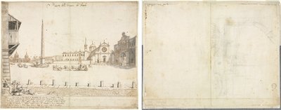 Kahdeksantoista näkymää Roomaan: Piazza del Popolo (recto); Luonnos San Giovanni in Lateranossa (käänteinen) tekijältä Lievin Cruyl