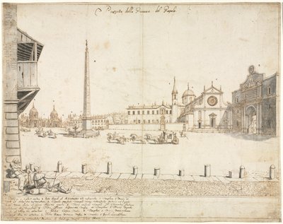 Kahdeksantoista näkymää Roomaan: Piazza del Popolo recto, 1664. tekijältä Lievin Cruyl