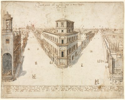 Kahdeksantoista näkymää Roomaan: Quattro Fontane katselee kohti Santa Maria Maggiorea, 1665. tekijältä Lievin Cruyl