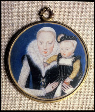 Pienoiskuva lady Katherine Seymourista, syntyperäinen Gray (n. 1538-68) Hertfordin kreivitär, pitelemässä poikaansa ja yllään miehensä pienoismallia, n. 1562 tekijältä Lievine Teerlink