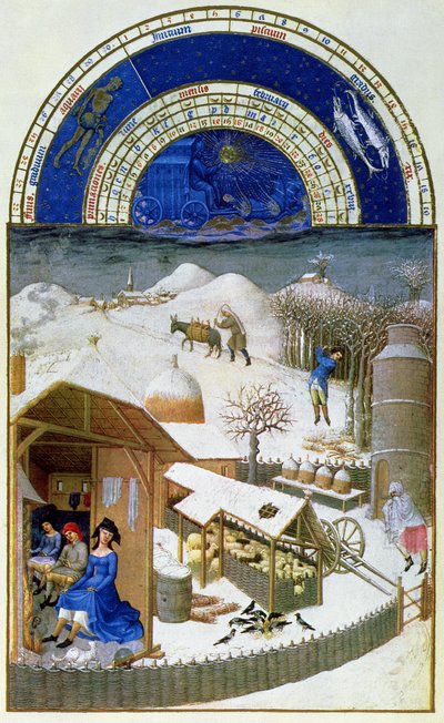 Helmikuun faksimile: maatilakohtaus talonpoikien kanssa, kopioitu "Tres Riches Heures du Duc de Berrystä" (alkuperäinen katso 8434) tekijältä Limbourg Brothers