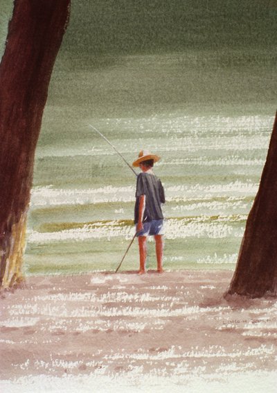 Henry Fishing, 1990 (akryyli paperille) tekijältä Lincoln Seligman