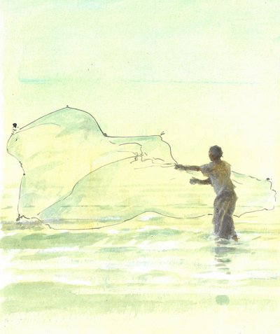 Lone Fisherman 2, 2015 (kynä ja muste wc:llä paperilla) tekijältä Lincoln Seligman